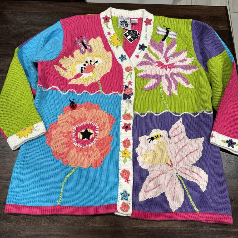 Storybook Knits Women's Handmade Spring Color‎ Block Flower Cardigan Size 1X NWT